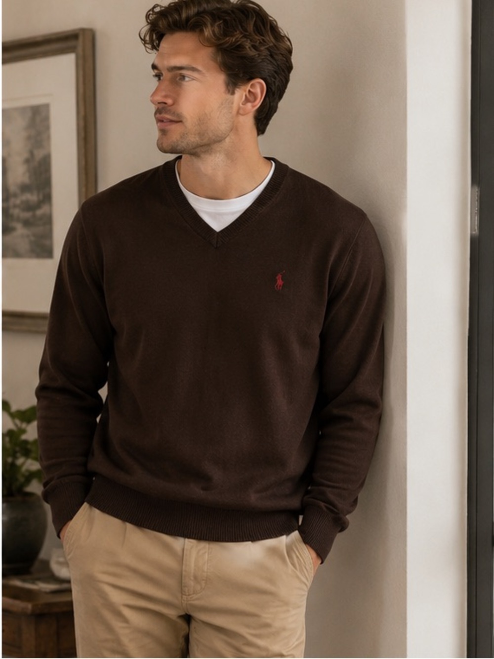 Vintage Polo Ralph Lauren Pima Cotton V-Neck Sweater Brown Men’s Large